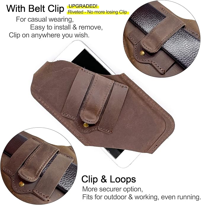 TobbinGear Leather Cell Phone Holster with Belt Clip, Leather Belt Pouch, Universal Phone Case on Belt for Men, Phone Holder for Smartphone, Right Handed, Dark Brown, Medium