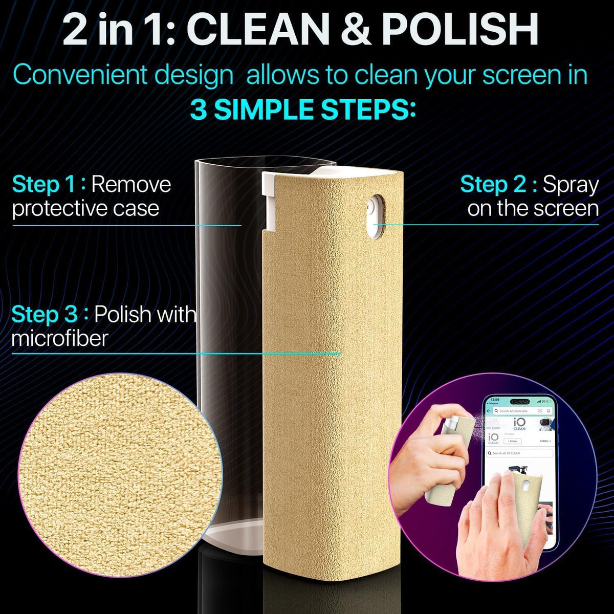 Mini Screen Cleaner Spray – Finger Proof Screen Cleaner for Smartphones, iPads, MacBooks, Laptops, Car Screens, Touchscreens – 3in1 Mist Cleaner, Microfiber Cloth and Cover (Navy Blue)