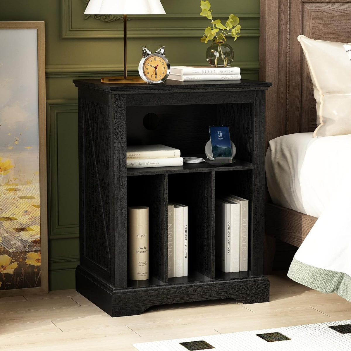 Farmhouse Record Player Stand, 3 Tier Turntable Stand with Vinyl Record Storage ,Wood Record Holder Cabinet Dispaly Shelf for Living Room,Bedroom,Office,Black