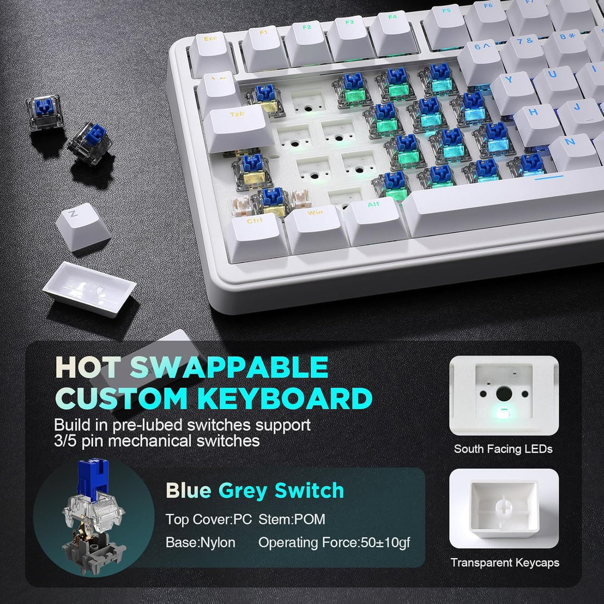 YUNZII B75 Mechanical Keyboard,75% Layout with Knob,Hot Swappable RGB Backlit Gasket Mounted, Creamy Typing, Double-Shot PBT Keycaps,Cherry Profile,for Win/Mac (White, Blue Grey Tactile Switch)