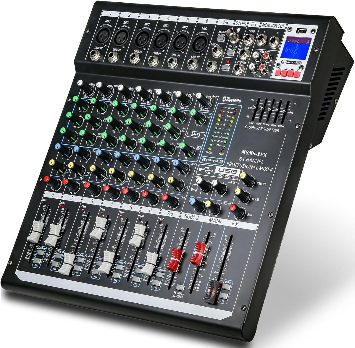 Dj Mixers 8 Channel Audio Mixer Sound Board with Bluetooth, Usb Audio Interface with 48V Phantom Power Sounds Mixer Board with FX Reverb Delay Effect for Streaming