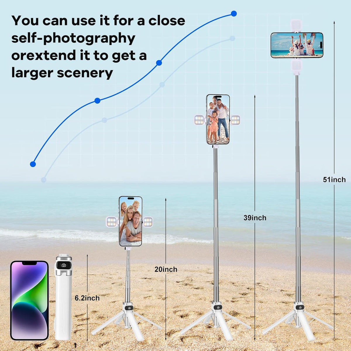Mini Phone Tripod Stand,MQOUNY 38" Phone Tripod &Selfie Stick with Wireless Rechargeable Remote & Removable Light, Extendable Tripod Stand 360 Rotation Compatible with Phone&Android Samsung (White)