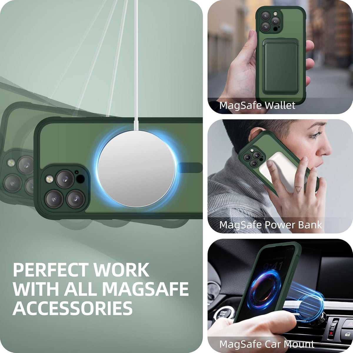 BERFY Magnetic for iPhone 13 Pro Max Case, Compatible with MagSafe, Built-in Privacy Screen Protector and Upgraded Camera Protection, Anti-Spy Full Body Shockproof Phone Case for 13 Pro Max 6.7",Green