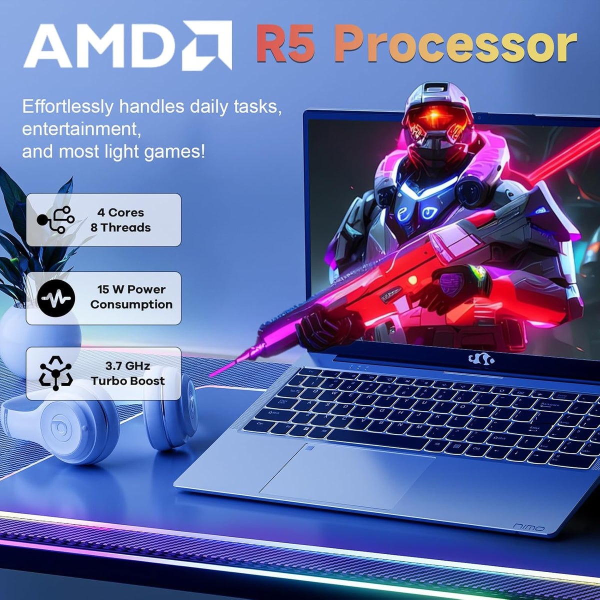 NIMO 15.6 inch Laptop FHD, AMD Ryzen 5 3500U, 8 GB RAM, 256 GB SSD, Windows 11, Backlit Keyboard, Fingerprint Reader, 65W PD, Lightweight Computer for Work and Homeschooling, Classic Silver