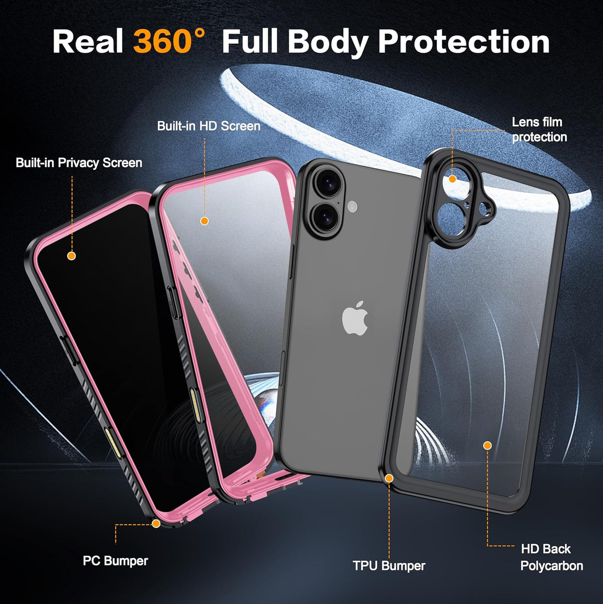for iPhone 16 Plus Case Waterproof, Built-in Privacy Screen & HD Screen Double Front Frame [IP68 Underwater] Shockproof Dustproof Full Body Protection iPhone 16 Plus Phone Case Pink