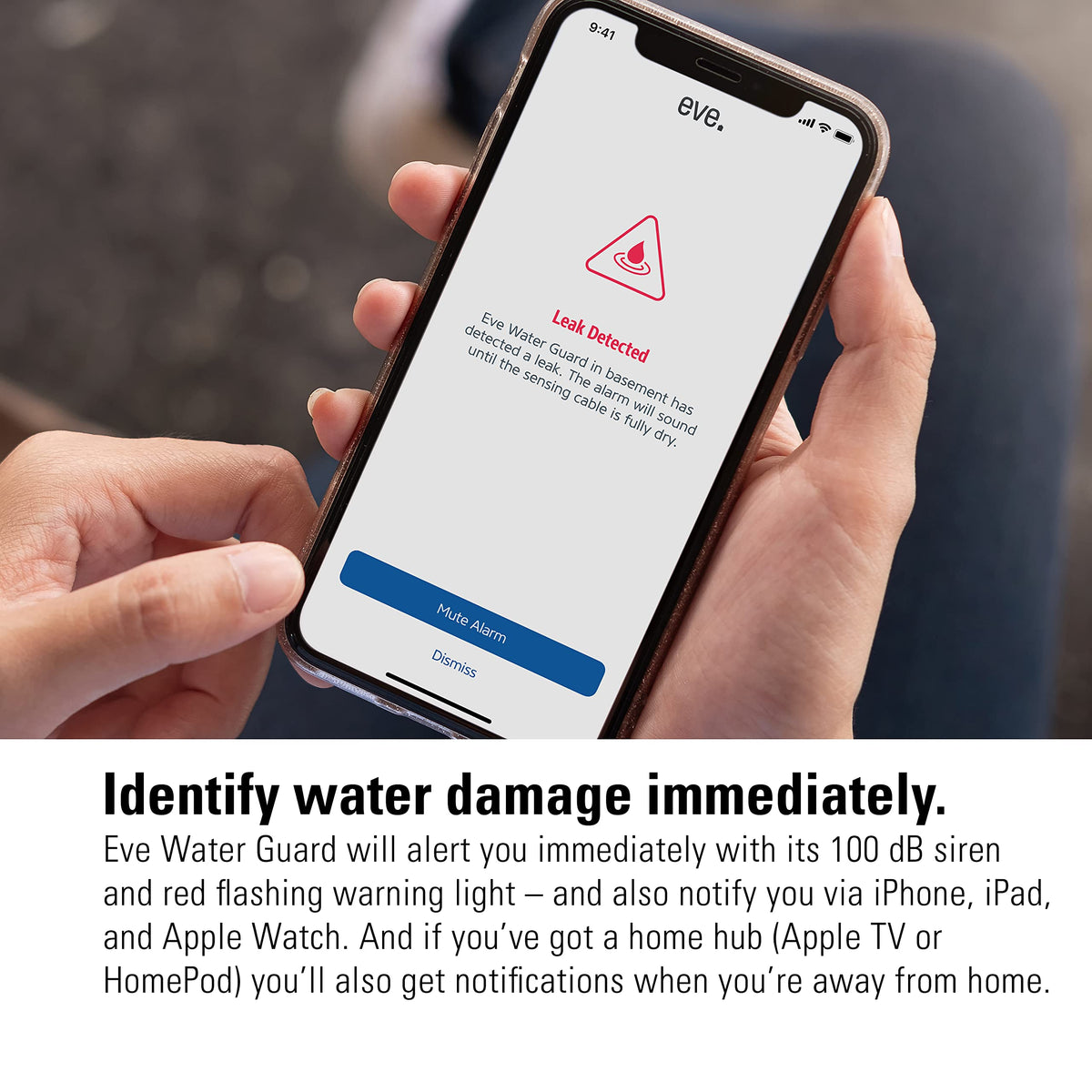 Eve Water Guard - Smart Home Water Leak Detector, 6.5 ft Sensing Cable, 100 dB Siren, (Apple HomeKit), App Notifications, Bluetooth, Thread