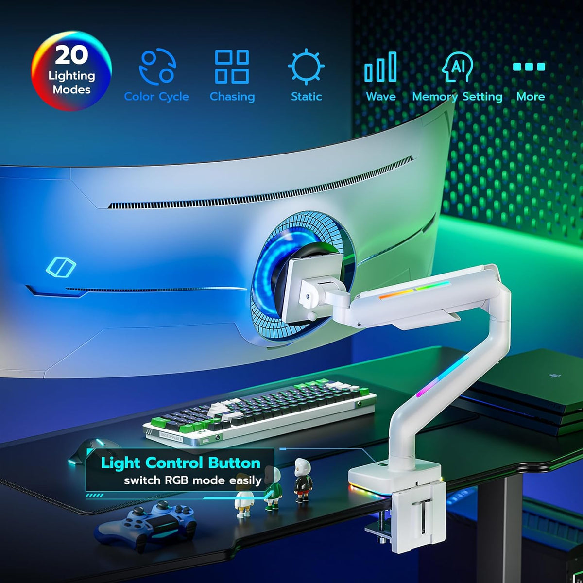 Ultrawide Monitor arm for 17-49'' Heavy Duty Screen up to 44lbs, Gas Spring Single Monitor Arm with RGB Light, Adjustable Gaming Computer Monitor Arm for Desk, White