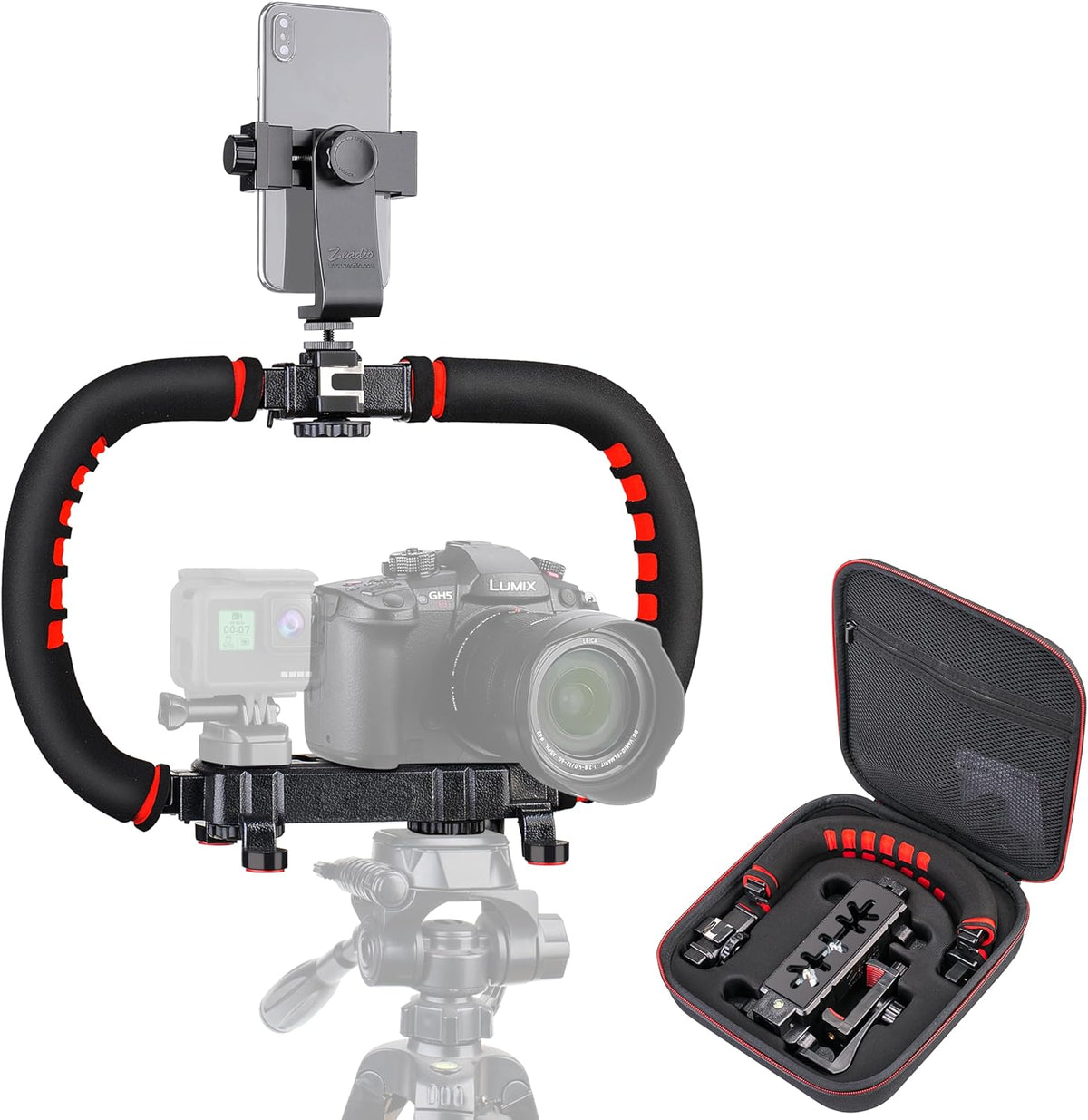Camera Smartphone Stabilizer, Handheld Video Rig Grip with Carrying Case, Fits for All Camera, Camcorder, Action Camera, DSLR and All iPhone and Android Smartphones