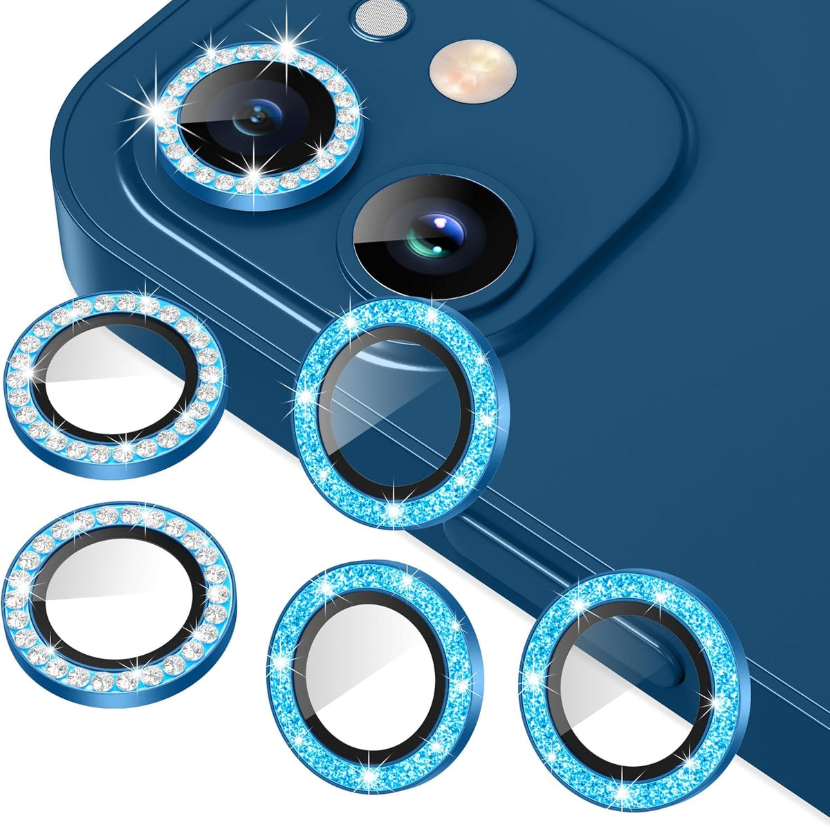 AGVEE 3+3 6 Pack for iPhone 12 Pro/12/12 Mini/11 Pro Max/11 Pro/11 - Bling Diamond & Glitter Metal Ring 9H Tempered HD Glass Camera Protector