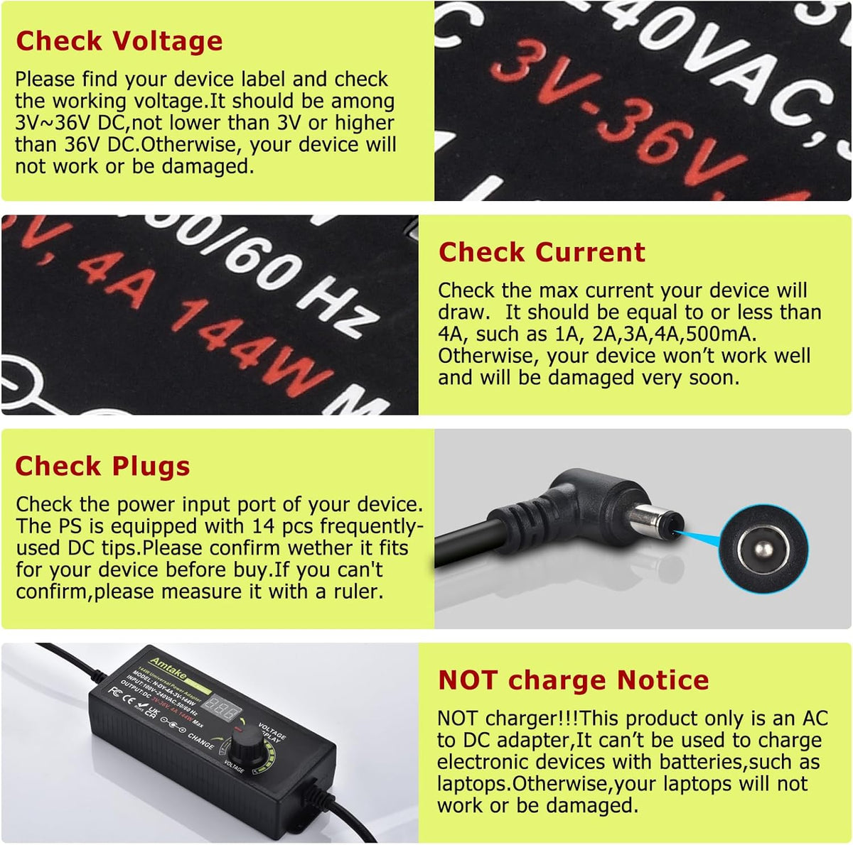 Amtake 4A 144W 3V~36V 3V 5V 12V 24V 30V 36V 14 Adjustable Universal Power Supply Adapter Adjustable Variable Switching