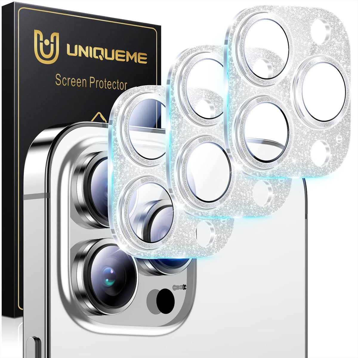 UniqueMe 3 Packs Compatible for iPhone 14 Pro Max/iPhone 14 Pro Camera Lens Protector Acrylic [Not Glass],[Case Friendly][Scratch-Resistant][Night Shooting Mode]-Glitter Silver