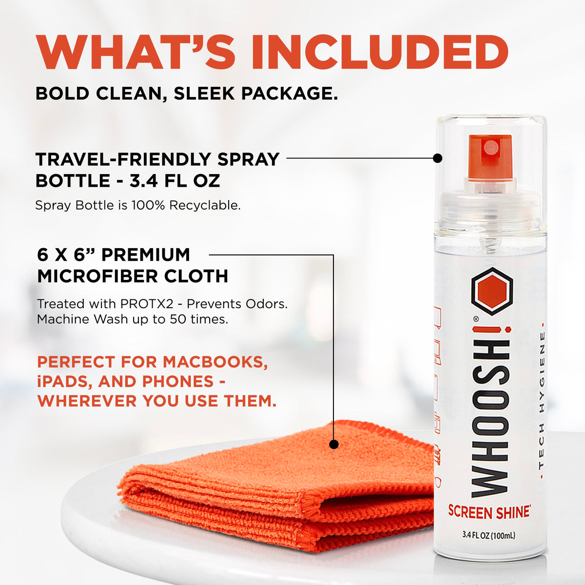 WHOOSH! Screen Shine Go XL - 3.4 fl oz with Microfiber Cloth - Powerful Streak-Free Screen Cleaner Spray and Wipe for MacBook, Laptop, Car, Eyeglasses