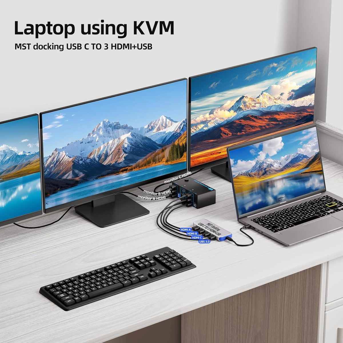 KVM Switch 3 Monitors 2 Computers 8K@60Hz/4K@120Hz, HDMI KVM Switches for 2 PC Sharing Triple Monitor and Keyboard Mouse with Power Adapter, Wired Extend Controller and USB3.0 Cables