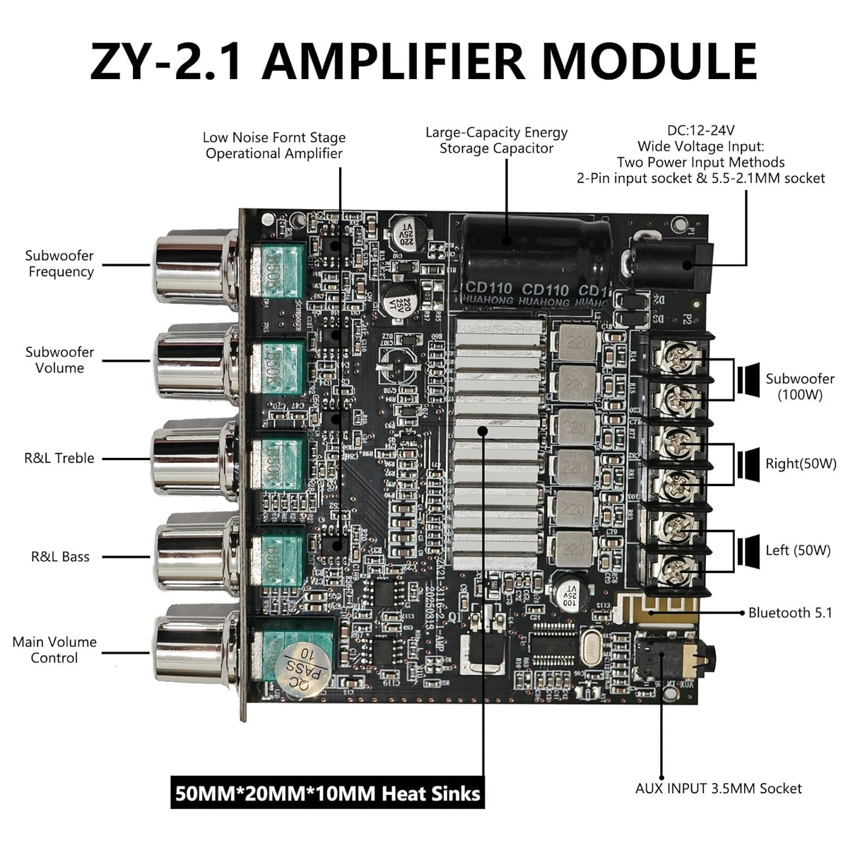 Generic 5.1 Board,200W 2.1 12-24 Bluetooth Audio Stereo Amplifier HiFi Channel Mini Subwoofer Power Amp Module