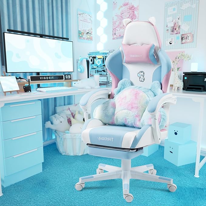 Cute Cat Ears Gaming Chair Girly Ergonomic Computer Chair with High Back 360° Swivel Office Computer Chair with Footrest and Paw Lumbar Cushion for Teens Girls Women (Pink Blue)