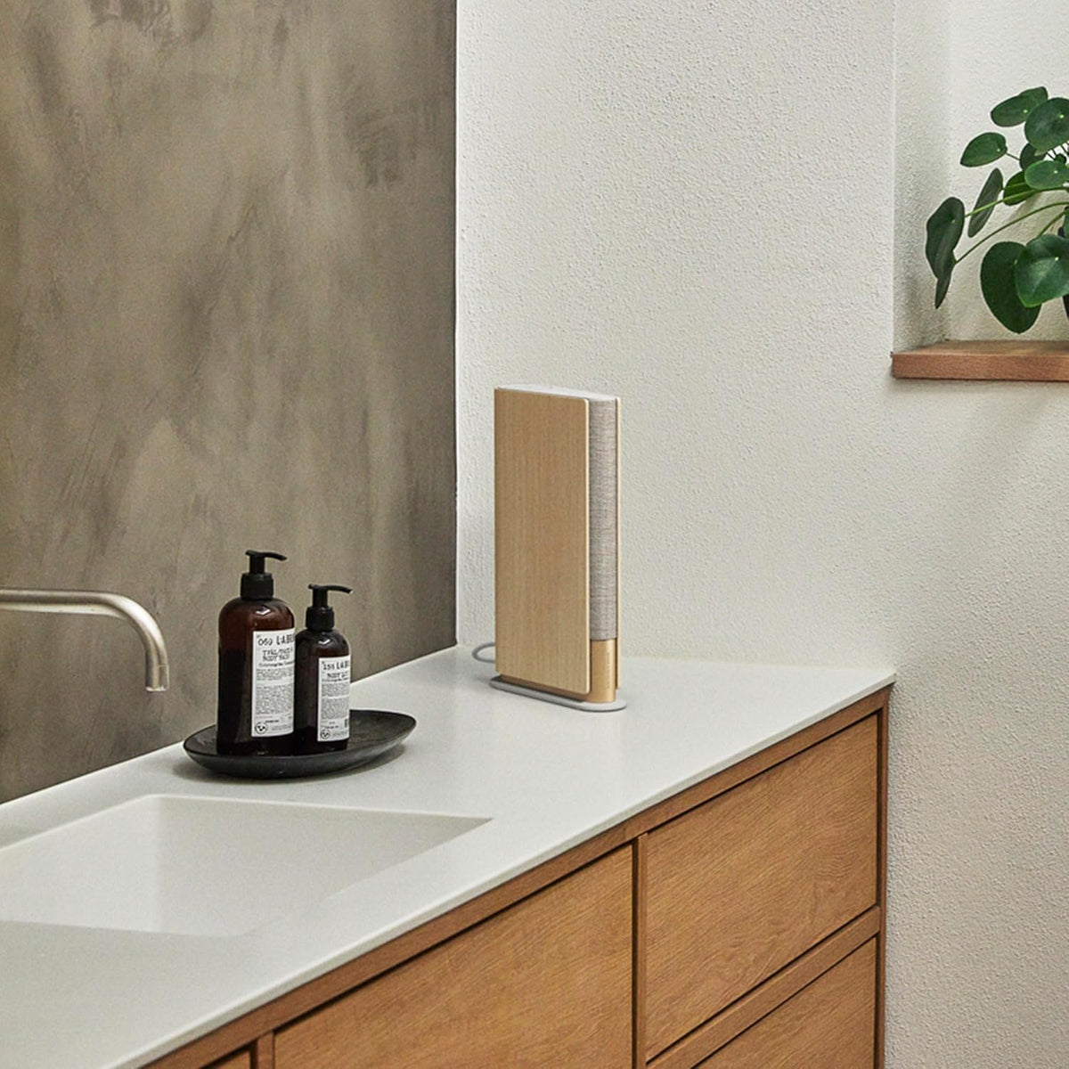 Bang & Olufsen Beosound Emerge Bookshelf Wi-Fi Speaker, Gold Tone/Light Oak
