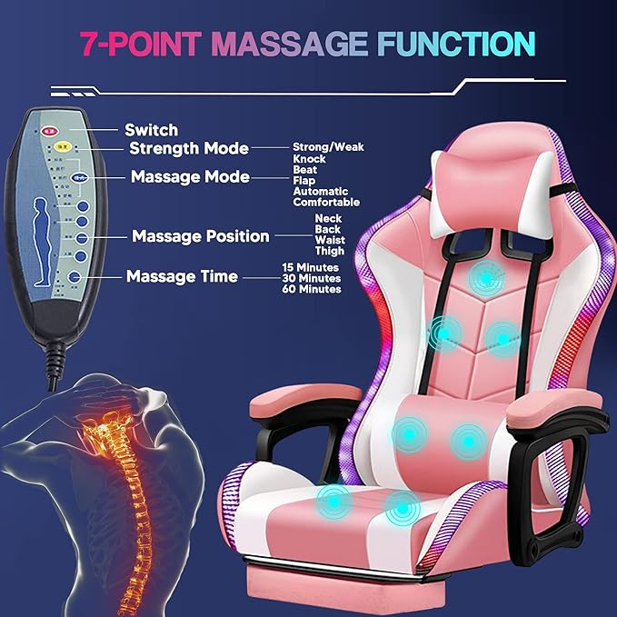 Big and Tall Gaming Chair with Footrest Ergonomic Massage Office Chairs LED Video Game Chair with Speakers Comfortable Headrest Lumbar Support High Back Desk Chair PU Leather for AdultsPink