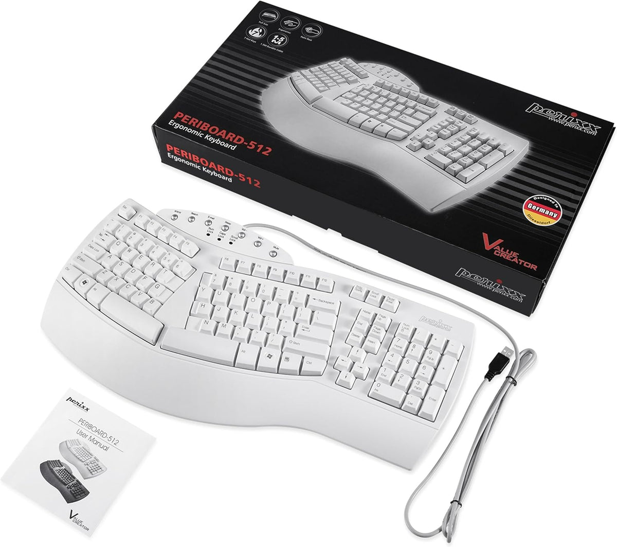 Perixx PERIBOARD-512W Periboard-512 Ergonomic Split Keyboard - Natural Ergonomic Design - White - Bulky Size 19.09"X9.29"X1.73", US English Layout