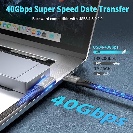 CHENLENIC USB4 Cable, with Thunderbolt 4, 240W Charging, 40 Gbps Data, 8K @ 60Hz HDR, USB C to USB C Cable, 90Degree for MacBook,Hub, Dock, M2, M3, Mac SSD (90Degree USB4 40G 240W 2M)