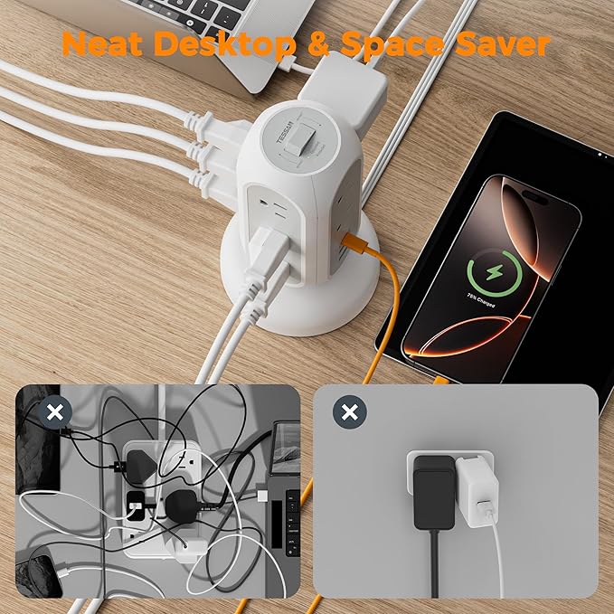TESSAN Tower Power Strip Flat Plug with 1050J Surge Protection, 5 Ft, Black