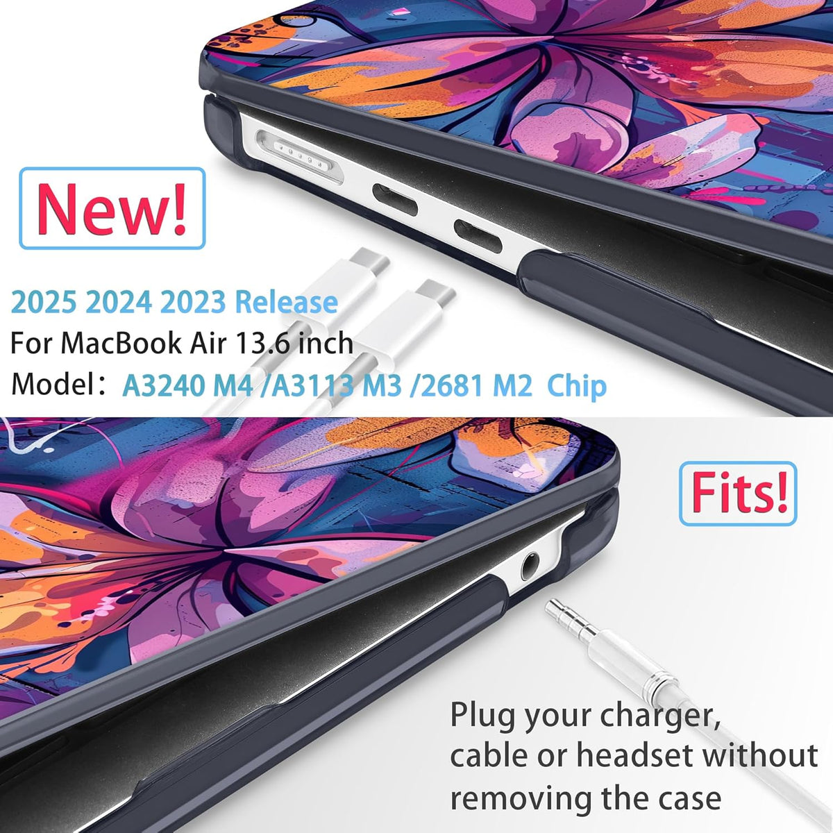 Mektron for 2025 M4 MacBook Air 13.6 Inch A3240 Case Fits 2023 A2681 M2 2024 A3113 M3 Chip with Liquid Retina Display Touch ID, Printed Plastic Hard Shell Cover for MacBook Air 13.6", Graffiti Flower