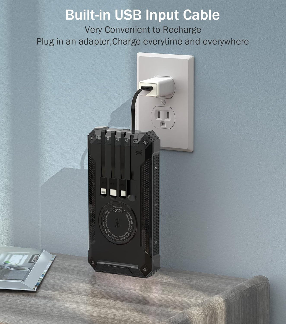 GOODaaa Power Bank Wireless Charger 36000mAh Built in 4 Cables Six Outputs 15W Fast Charging Power Bank for All Mobile Devices Three Inputs Solar Portable Charger with Dual Flashlights, Carabiner