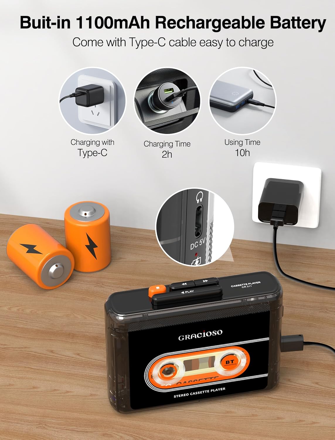 Gracioso Cassette 1100mAH Cassette Cassette Bluetooth Tape Player with Rechargeable Battery, Compact Vintage Player