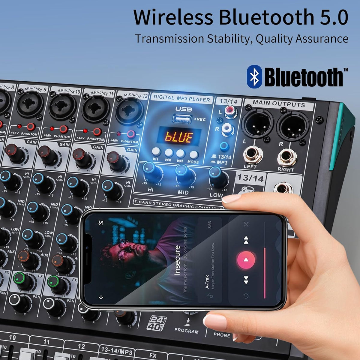 DJ Mixer, TKLBLS Professional 12 Channel Audio Mixer Board with 99-Bit DSP, Sound Board Mixing Console 7-Band EQ Output, USB Audio Interface, Bluetooth 48V Phantom Power For Karaoke Studio Streaming