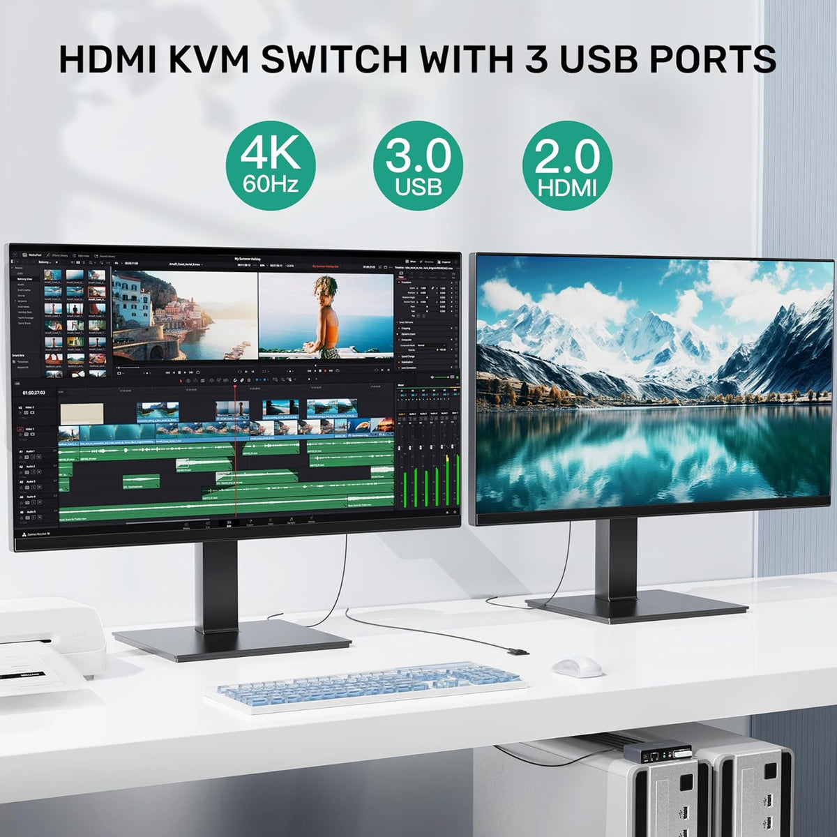 HDMI KVM Switch 2 Monitors 2 Computers, Dual Monitor KVM USB Switcher 4K@60Hz, HDMI Extended/Mirror Display for 2 PC Share 2 Monitors, with 3 USB 3.0 Port, Desktop Controller and 2 USB Cables