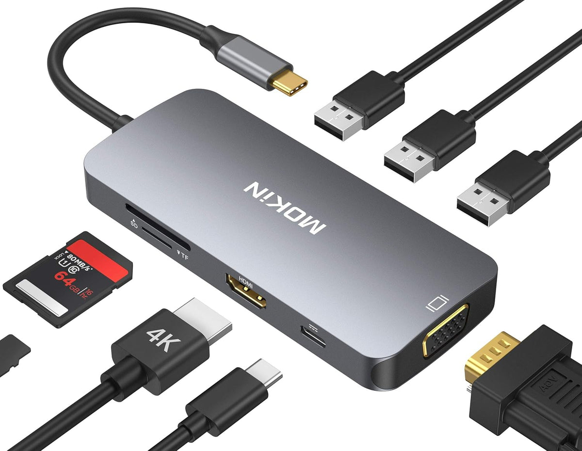 USB C Hub Multiport USB C Adapter for MacBook Pro 2023 2022 2021 2020,USB C Hub USB C to HDMI VGA SD TF Card Reader 3USB 3.0 and USB C Power Pass-Through Port