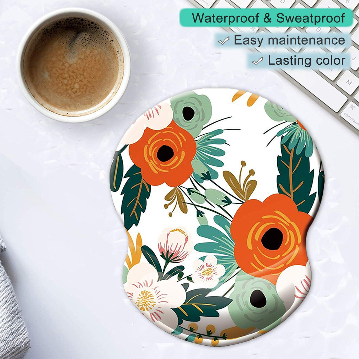 ITNRSIIET Ergonomic Mouse Pad with Gel Wrist Support Small Wrist Rest Smooth Surface Non-Slip PU Base Comfortable Office Supplies Pain Relief, 8.7 x 7.2 inches, Orange Flower