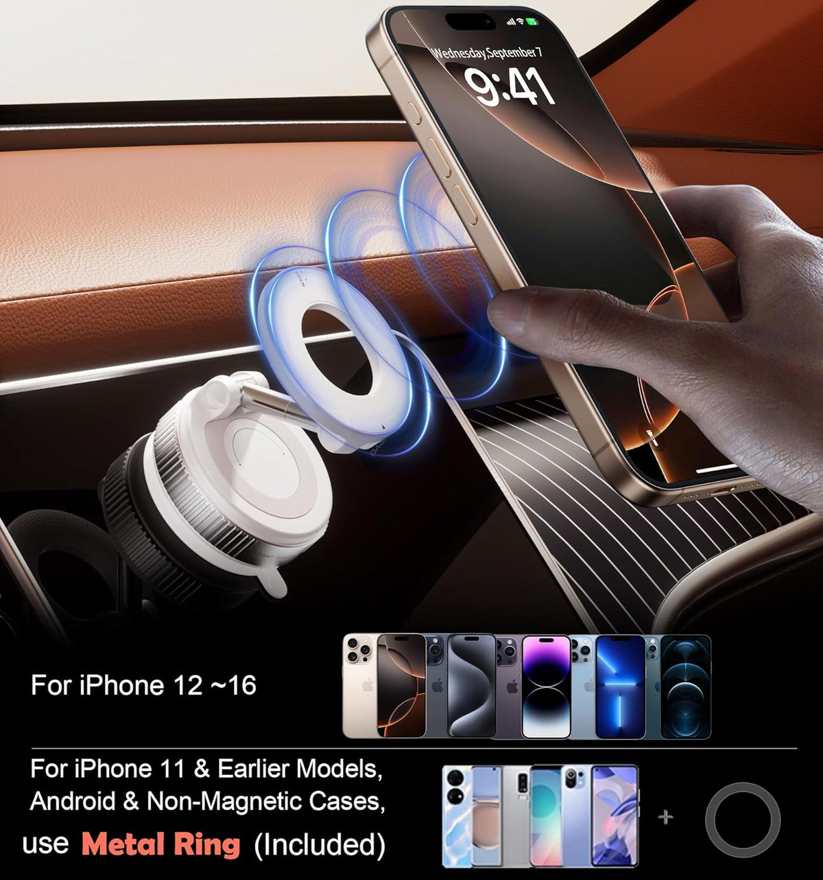 Strong Magnetic Car Phone Holder for MagSafe Ultra Vacuum Suction Cup Phone Mount 360° Cell Phone Holders for Your Car Accessories for iPhone 16 15 14 13 12 Android