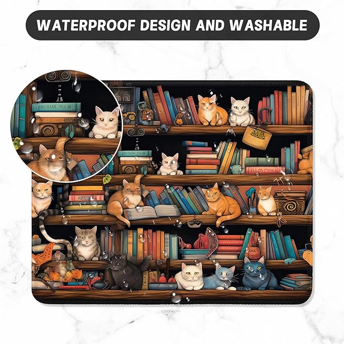 ITNRSIIET Mouse Pad with Stitched Edge Premium Textured Smooth Precise Operation Waterproof Washable Non-Slip Rubber Base Desktop Protection Mat, 10.2×8.3×0.12 inches, Cat on The Desk