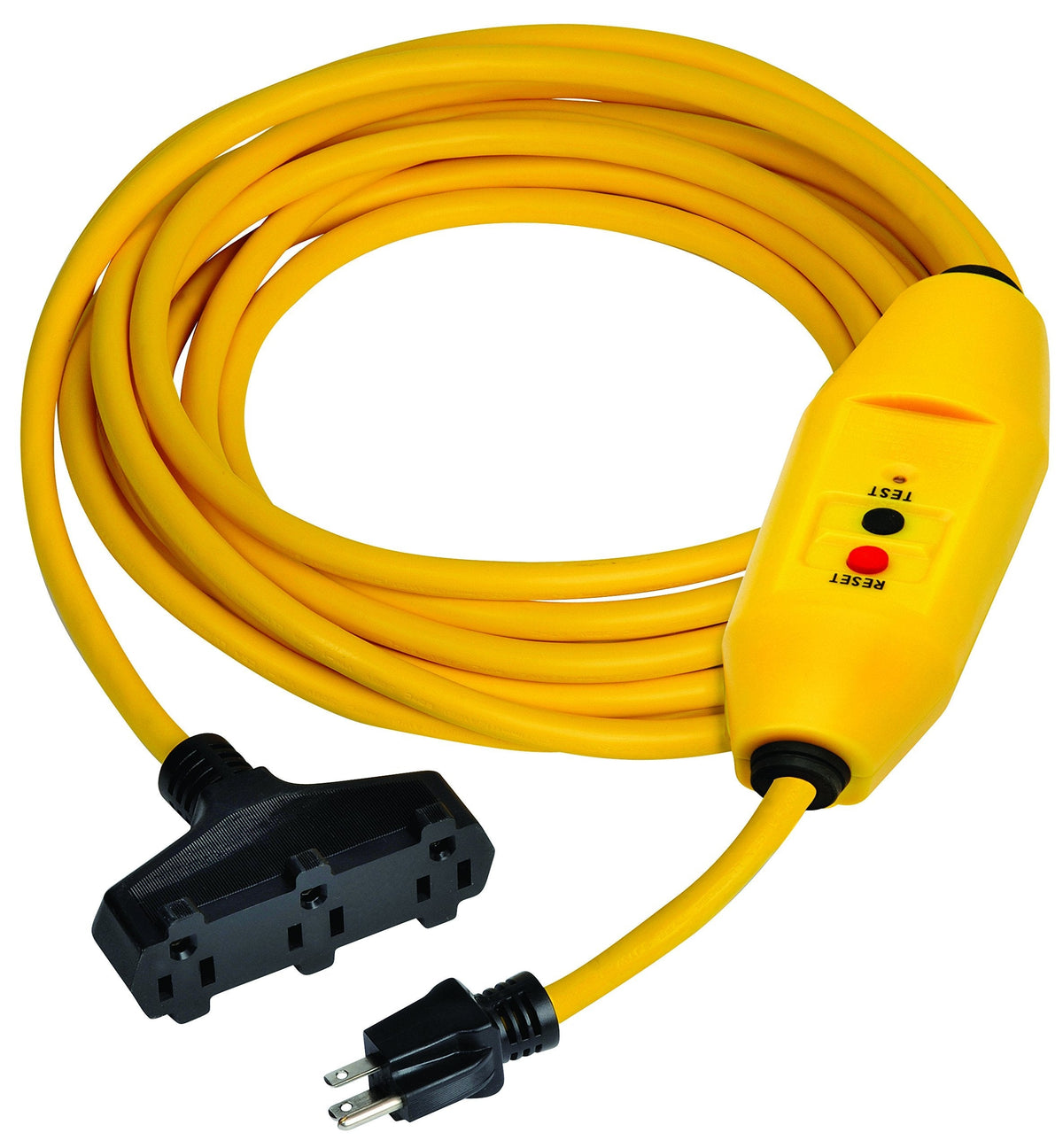 Tower Manufacturing 30438303-01 Auto-Reset 15 AMP Inline GFCI Triple Tap Cord, 50 Feet, Yellow