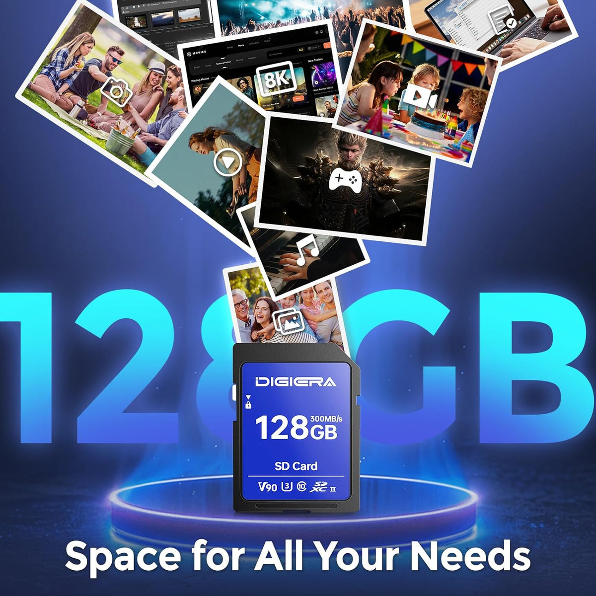 128GB LSU200 SDXC UHS-II Memory Card - up to 300MB/s, C10, U3, V90, 8K, SD Card for Computers, Digital Cameras, Home Theatre Devices, Car Navigation Systems (1 Pack)