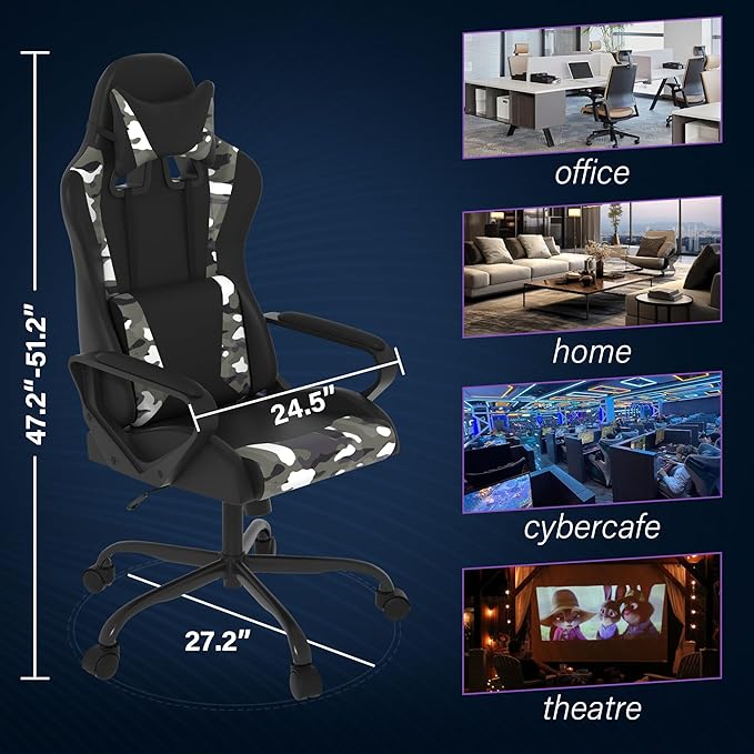 Ergonomic PU Leather Computer ChairHome Office Desk Chair with Adjustable Lumbar SupportExecutive High Back 360°Swivel Rolling Gaming Chairs for Adults(CAMO)