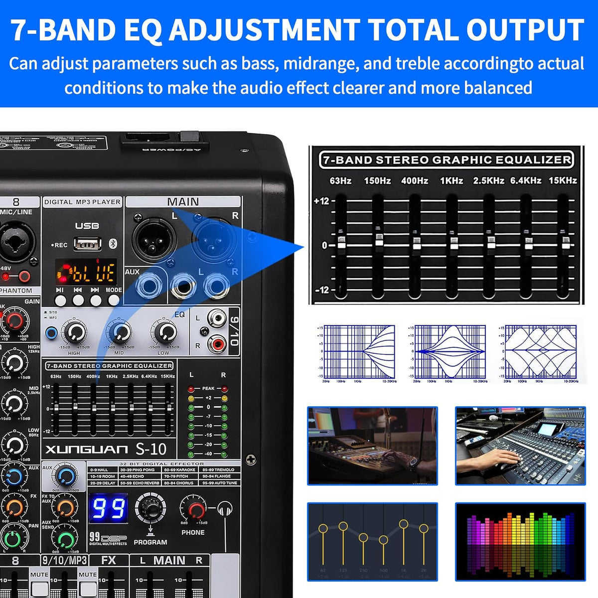 S-10 Audio Mixer 10 channel 8 channel Professional DJ Mixing Console with Reverb MP3 Player Bluetooth 48V Phantom Power Supply USB Recording for Studio Karaoke Live Music