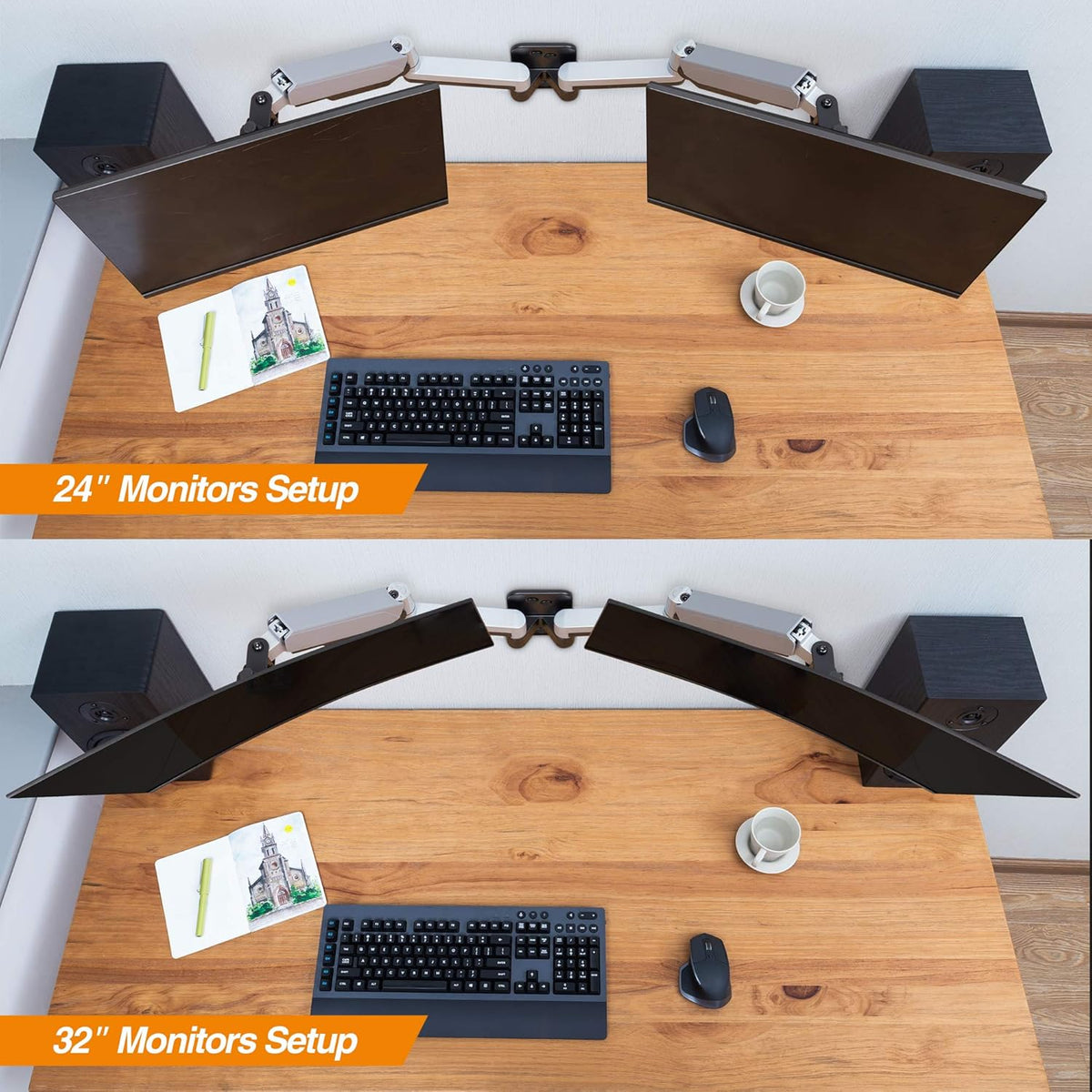 AVLT Dual Extended 13"-32" Monitor Wall Mount fits Two Flat/Curved Computer Monitor Full Motion Height Swivel Tilt Rotation Adjustable Monitor Arm - VESA/Cable Management