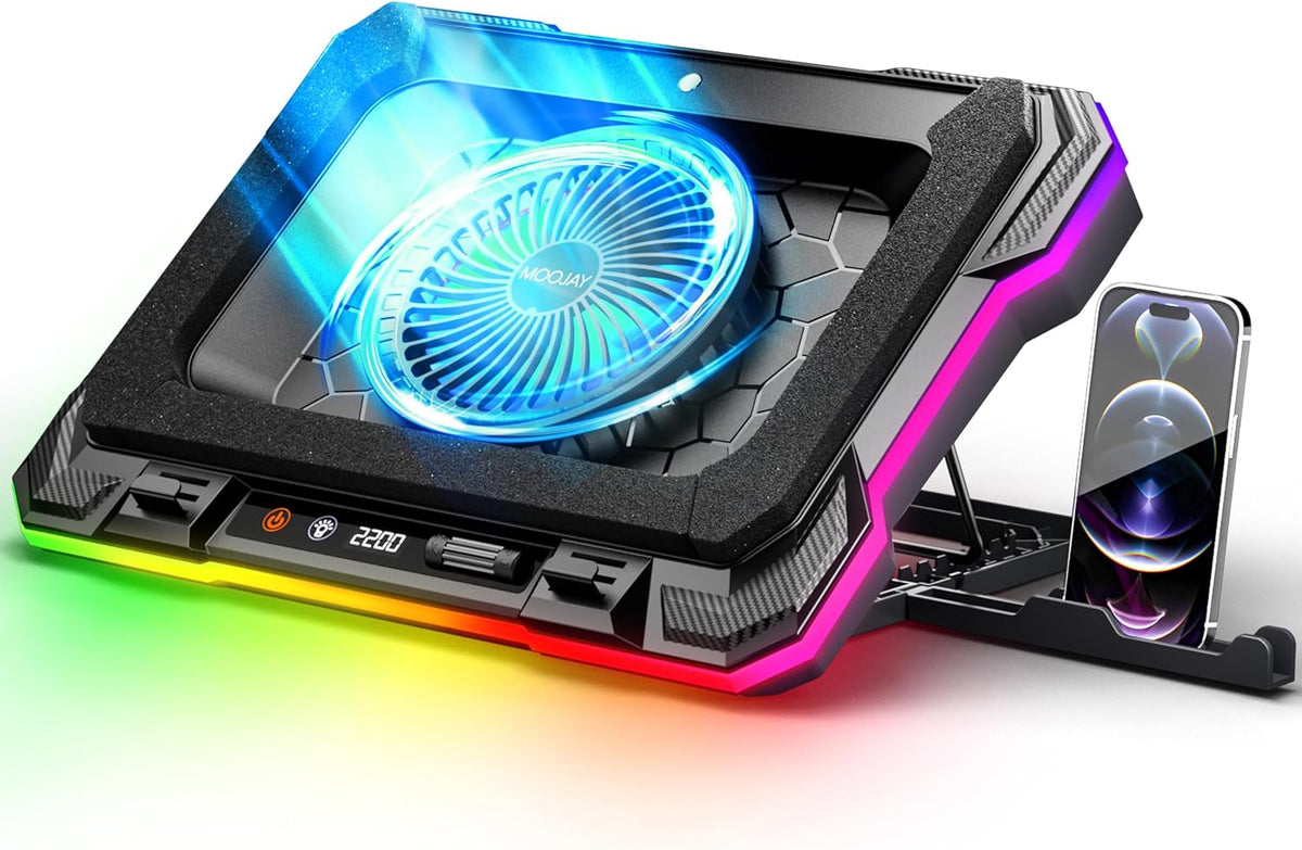 Laptop Cooling Pad Powerful Turbo Fan RGB Gaming Notebook Cooler, Moojay Laptop Fan Cooling Stand with 8 Adjustable Heights and Phone Holder, for 14-19 Inch Laptops - Ice Blue LED Light