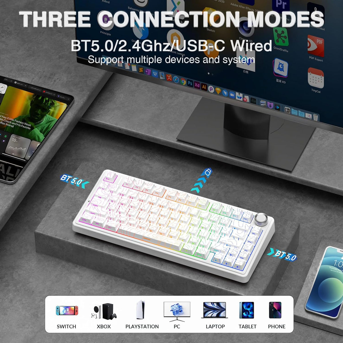 AULA F75 Pro Wireless Mechanical Keyboard with Knob,75% Hot Swappable Custom Gaming Keyboards,RGB Backlit,Pre-lubed Switches,Side Printed PBT Keycaps Creamy Sounding Computer Keyboard, Line White