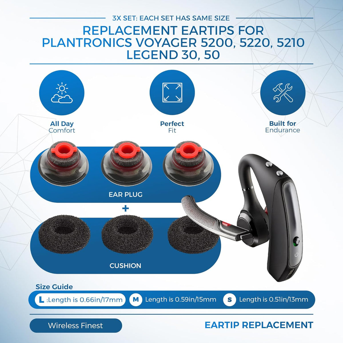 3X Ultra Comfort Eartips Ear Buds Replacement Earphone Ear Tips Kits Earpads Foam Set Cushion for Plantronics Voyager 5200 5220 5210 Series Bluetooth Headset Headphone (Large L)