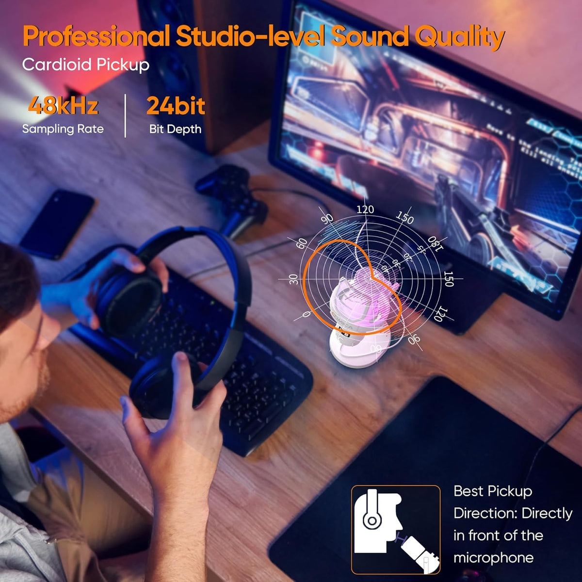 COMICA EJoy Uni Pro Wireless USB Condenser Gaming for PC, PS4, PS5, USB C Phone and Mac, RGB Computer Mic for Twitch, Streaming/Podcasting/YouTube, Noise Cancellation Mic with Mute, Gain, Monitoring