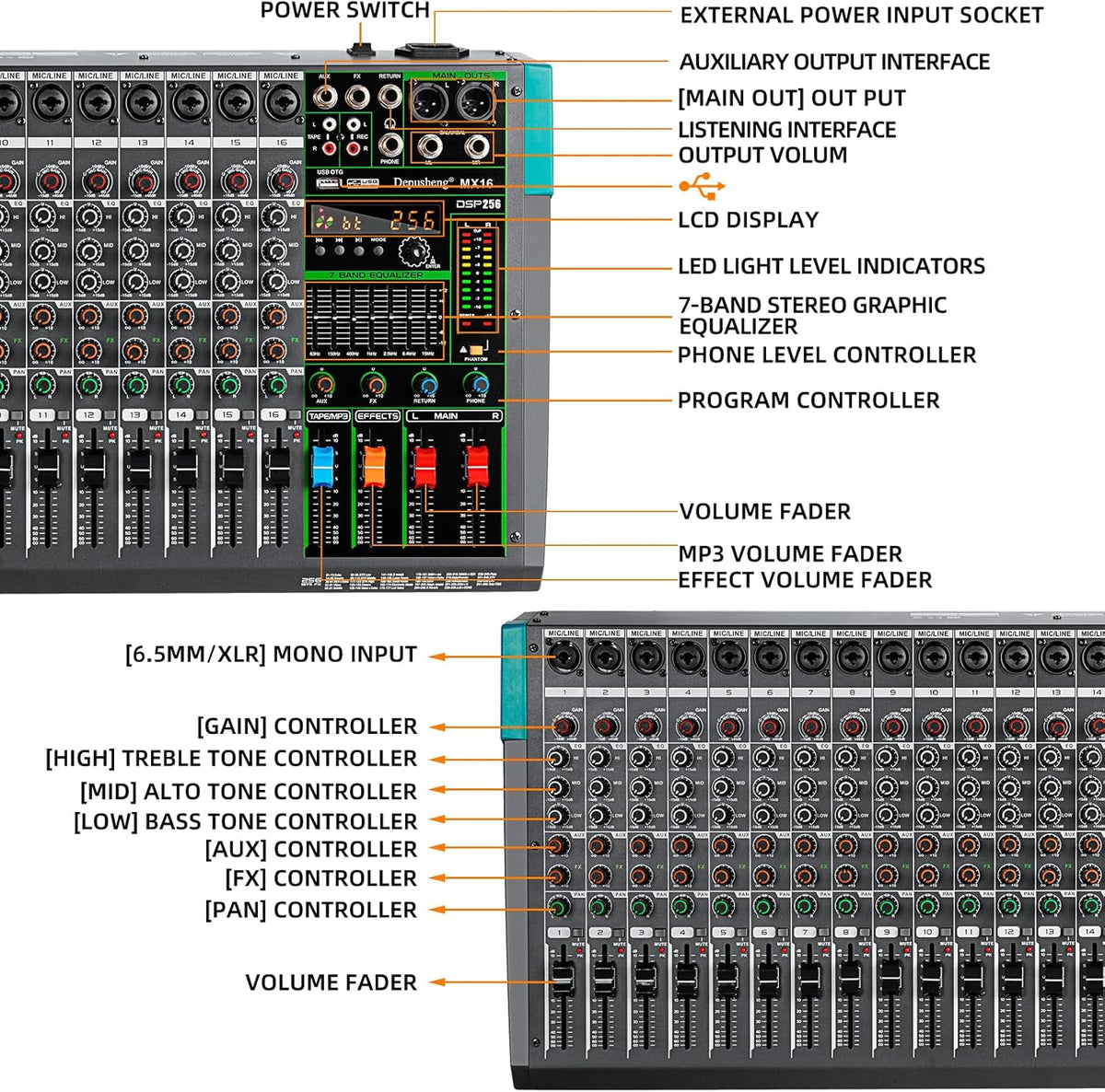 Depusheng MX16 16 Channel Sound Mixer Audio Mixing Console 48V 256DSP Professional USB PC Play Record Podcast Live Broadcast (US MX16)