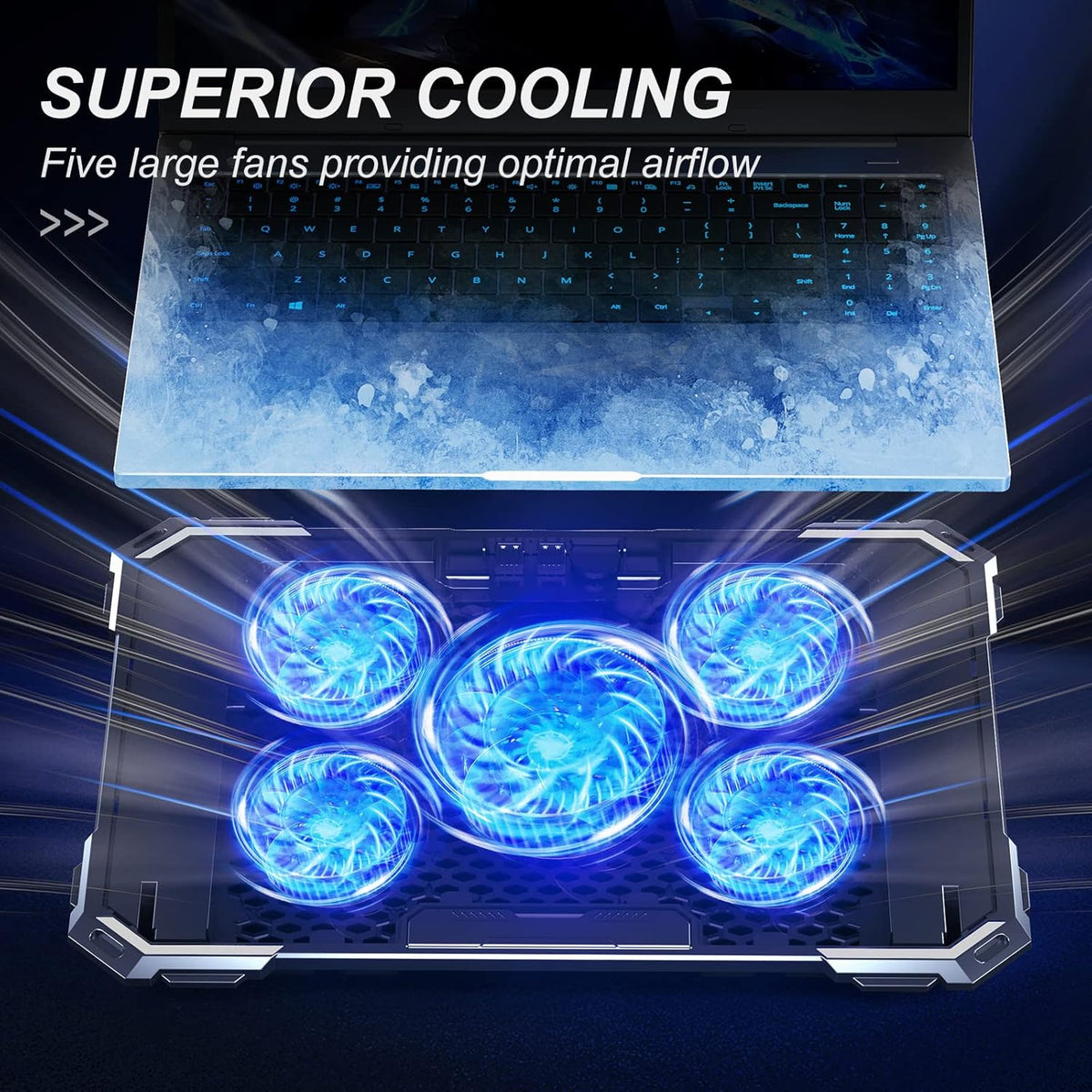 Upgrade Laptop Cooling Pad,Gaming Laptop Cooler with 5 Quiet Fans,2 USB Ports,5 Adjustable Stand Height,Blue LED Lights,for 15.6 Inch Laptops
