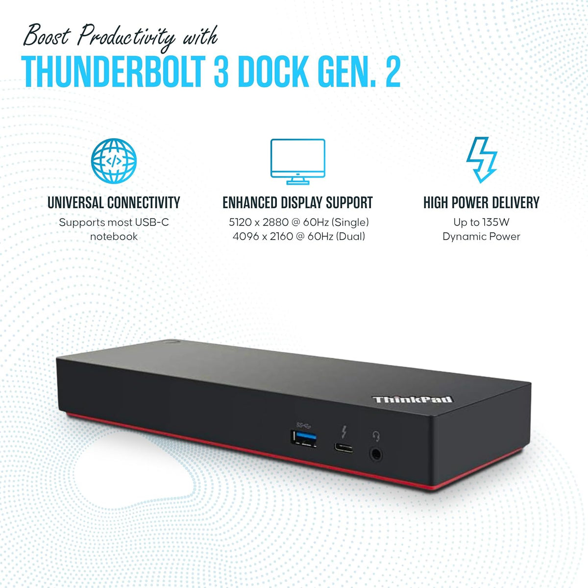 Lenovo 40AN0135US Thunderbolt 3 Dock Gen 2 Dual UHD 4K Display - Thinkpad Docking Station Dual Monitor with HDMI, DP & TB3 Cable (Renewed)
