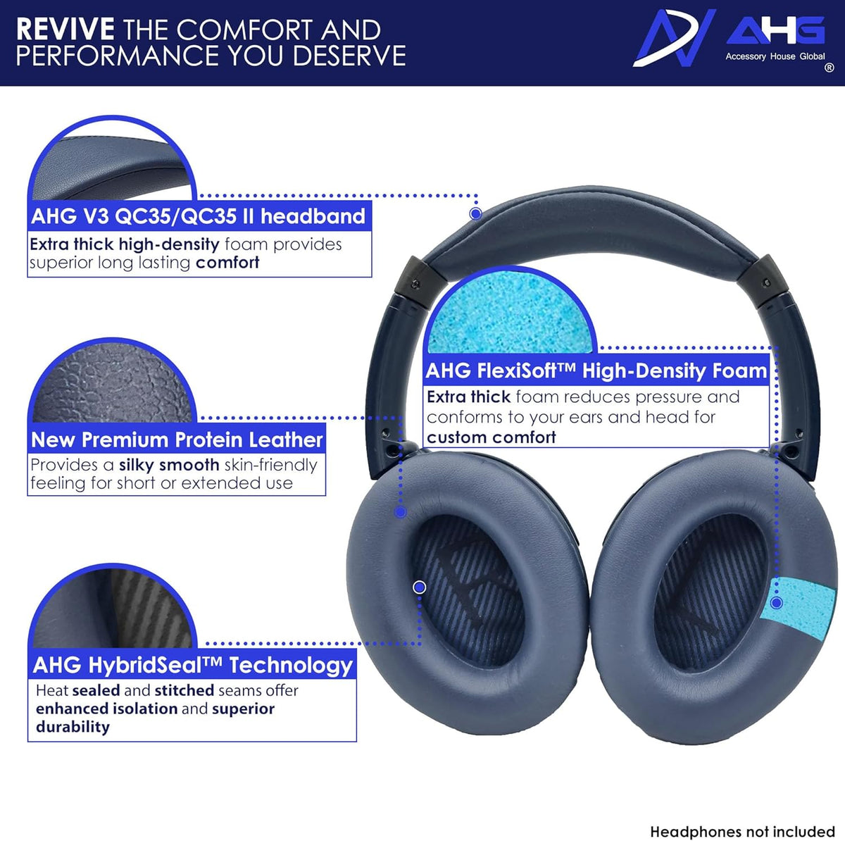 QC35 / QC35 ii earpads and QC35 Headband / QC35 ii Headband V3 pad Cushion Compatible with Bose QuietComfort 35 and QuietComfort 35 ii Headphones (Midnight Blue)