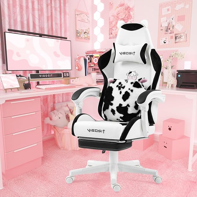 Cute Gaming Chair for Girl Ergonomic Cat Computer Chair with Armrests High Back Video Game Chairs with Footrest and Massage Lumbar Support for Teen &amp Woman Adjustable Height (Black+White)
