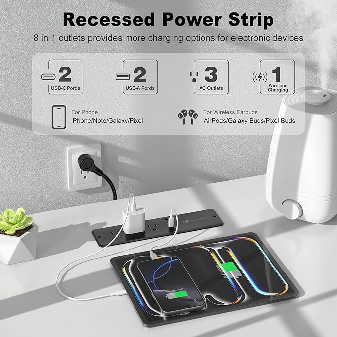 8 in 1 Recessed Power Strip with 15W Wireless Charger, 20W Fast Charging Furniture Outlet, Plug in 3 AC Outlets & 4 USB Ports Flush Mount, 6FT Cord