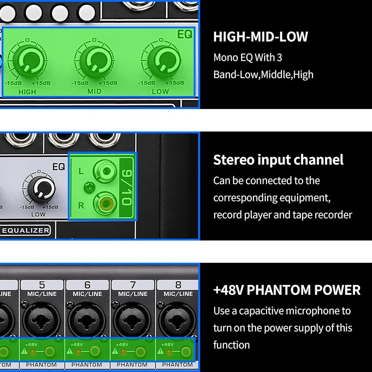 S-10 Audio Mixer 10 channel 8 channel Professional DJ Mixing Console with Reverb MP3 Player Bluetooth 48V Phantom Power Supply USB Recording for Studio Karaoke Live Music