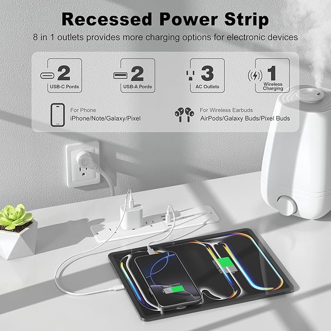 8 in 1 Recessed Power Strip with 15W Wireless Charger, 20W Fast Charging Furniture Outlet, Plug in 3 AC Outlets & 4 USB Ports Flush Mount, 10FT Cord